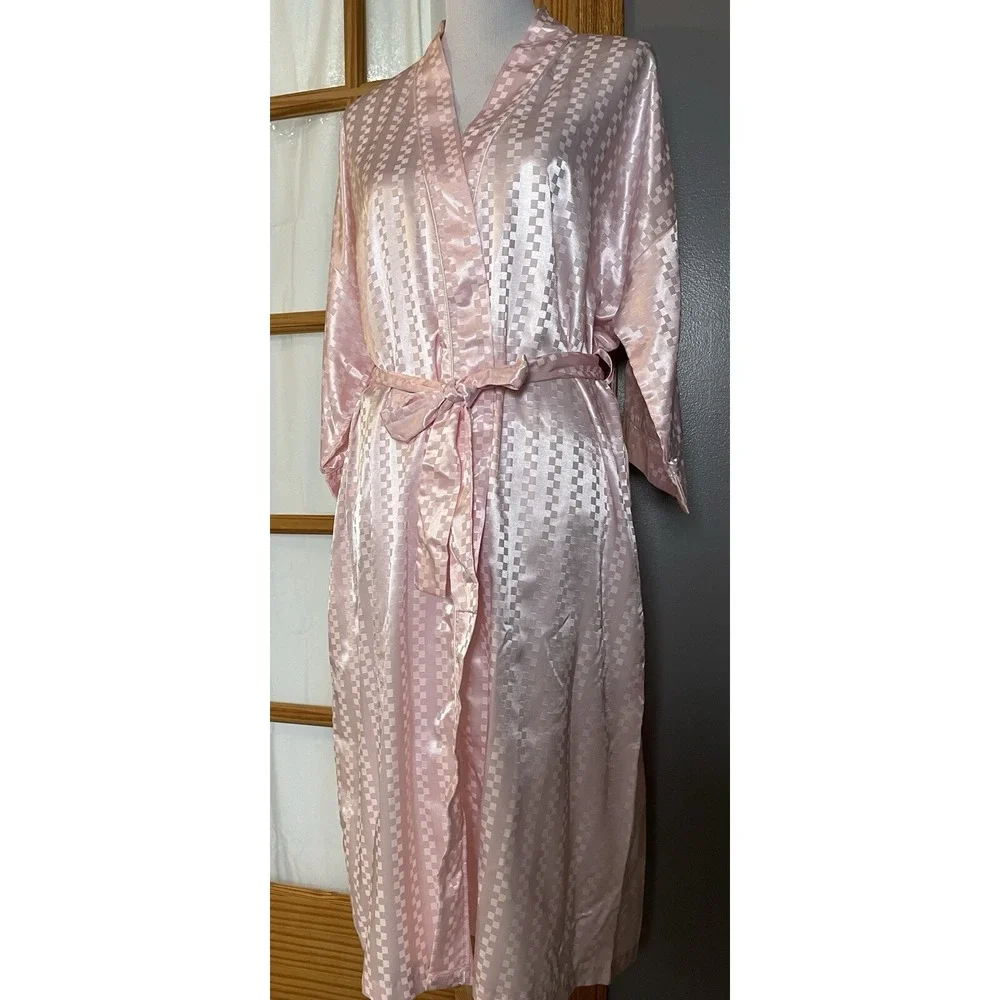 Vtg Lord & Taylor Kimono Long Robe Women's Intimate Sz M Pink Satin Check Pocket